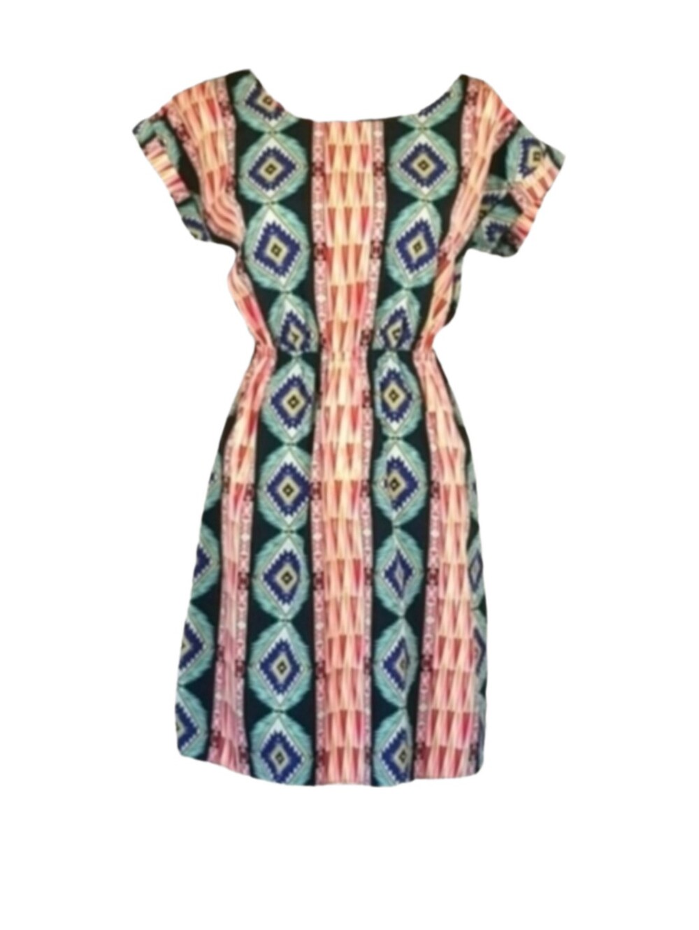 Y2K Bohemian Sundress w/ Back Cutouts in Teal Blue Black Pink Multicolor, Size S